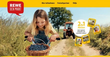 Screenshot der 2für1-Aktionsseite: REWE belohnt den Kauf regionaler Produkte (https://regional.rewe.de/2fuer1)