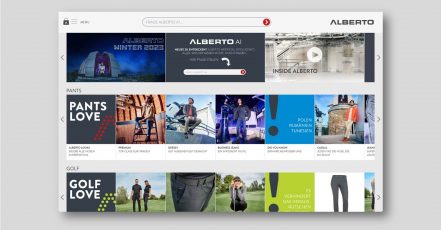 Neuer Service auf der ALBERTO Website – "Frage Alberto AI". Das KI Tool beantwortet Fragen zu Produkten und zum Unternehmen. (Quelle: https://www.alberto-pants.com/)