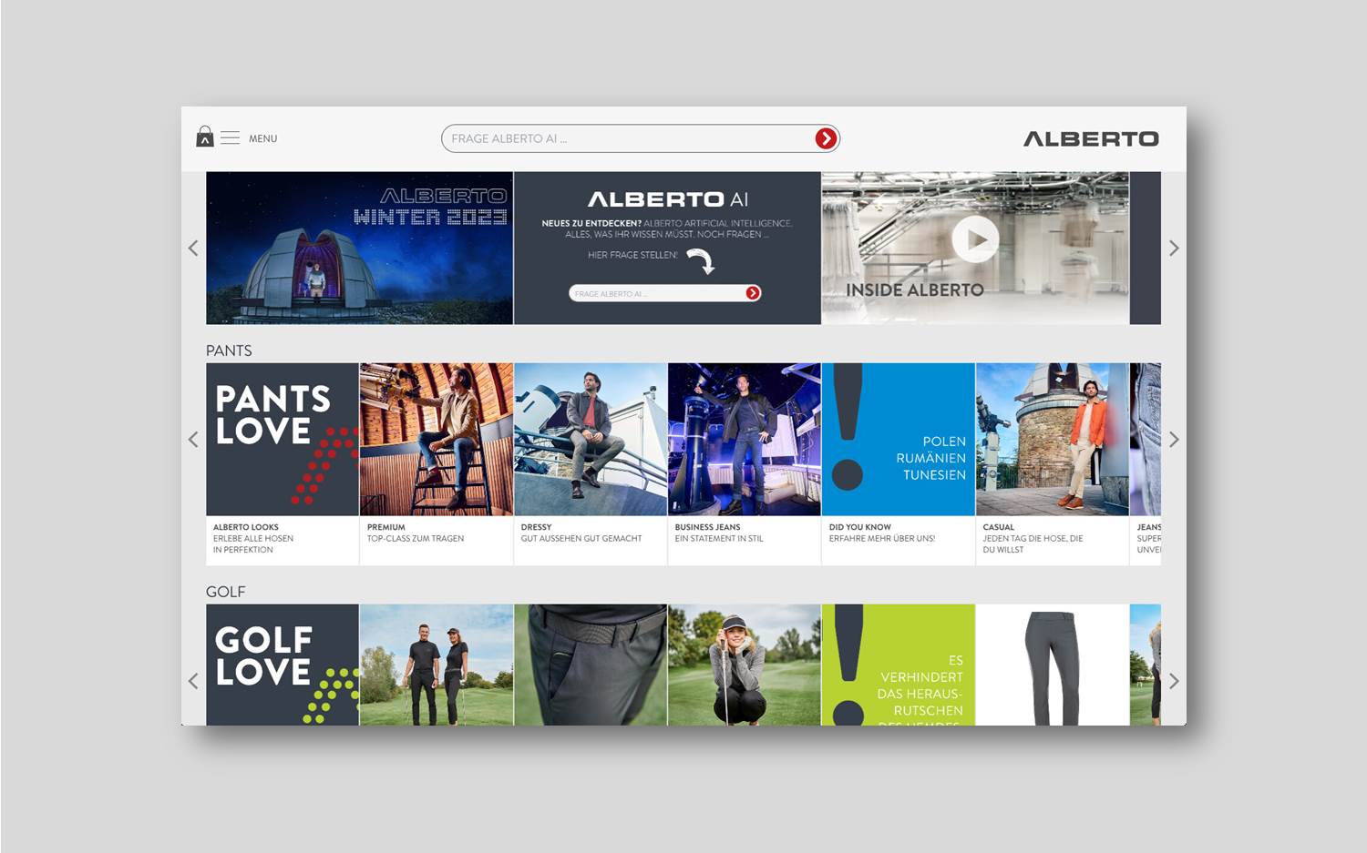 Neuer Service auf der ALBERTO Website – "Frage Alberto AI". Das KI Tool beantwortet Fragen zu Produkten und zum Unternehmen. (Quelle: https://www.alberto-pants.com/)