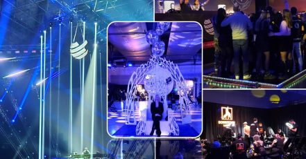 Impressionen von der WCD Winter Edition 2024 in Frankfurt am Main. Bild links: Main Stage in der beeindruckenden Frankfurter Festhalle; Bild rechts oben: Three Sixty Stage mit dem BassUp Dancefloor; Bild rechts unten: Downtown Tattoo Station; Bild Mitte: Selfie Spot / "Eisthron" neben der Three Sixty Stage, Schnappschuss mit M. Monzel (Redaktion), kurz vor der Eröffnung des Events. (Bildrechte: marketingScout.com Redaktion)