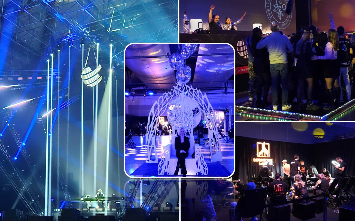 Impressionen von der WCD Winter Edition 2024 in Frankfurt am Main. Bild links: Main Stage in der beeindruckenden Frankfurter Festhalle; Bild rechts oben: Three Sixty Stage mit dem BassUp Dancefloor; Bild rechts unten: Downtown Tattoo Station; Bild Mitte: Selfie Spot / "Eisthron" neben der Three Sixty Stage, Schnappschuss mit M. Monzel (Redaktion), kurz vor der Eröffnung des Events. (Bildrechte: marketingScout.com Redaktion)