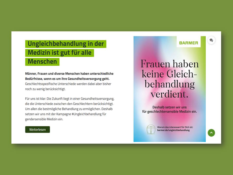 Bild: Die BARMER startet ihre neue #Ungleichbehandlung Kampagne zur Aufklärung über gendersensible Medizin (Screenshot www.barmer.de/ungleichbehandlung)