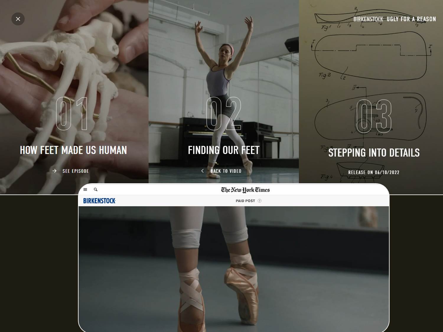 Bild (Collage): Screenshots (v. 19.08.2022) der Birkenstock Paid Content Kampagne "Ugly for a Reason" auf nytimes.com