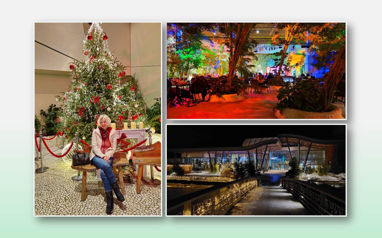 Schnappschüsse vom AdventEvent 2023 im Center Parcs Allgäu (Copyrights: marketingScout.com Redaktion). Rechts im Bild: Weihnachtlich inszenierter Innen- und Außenbereich. Links im Bild: Monika Monzel, Redaktion marketingScout.com, im Empfangsbereich.