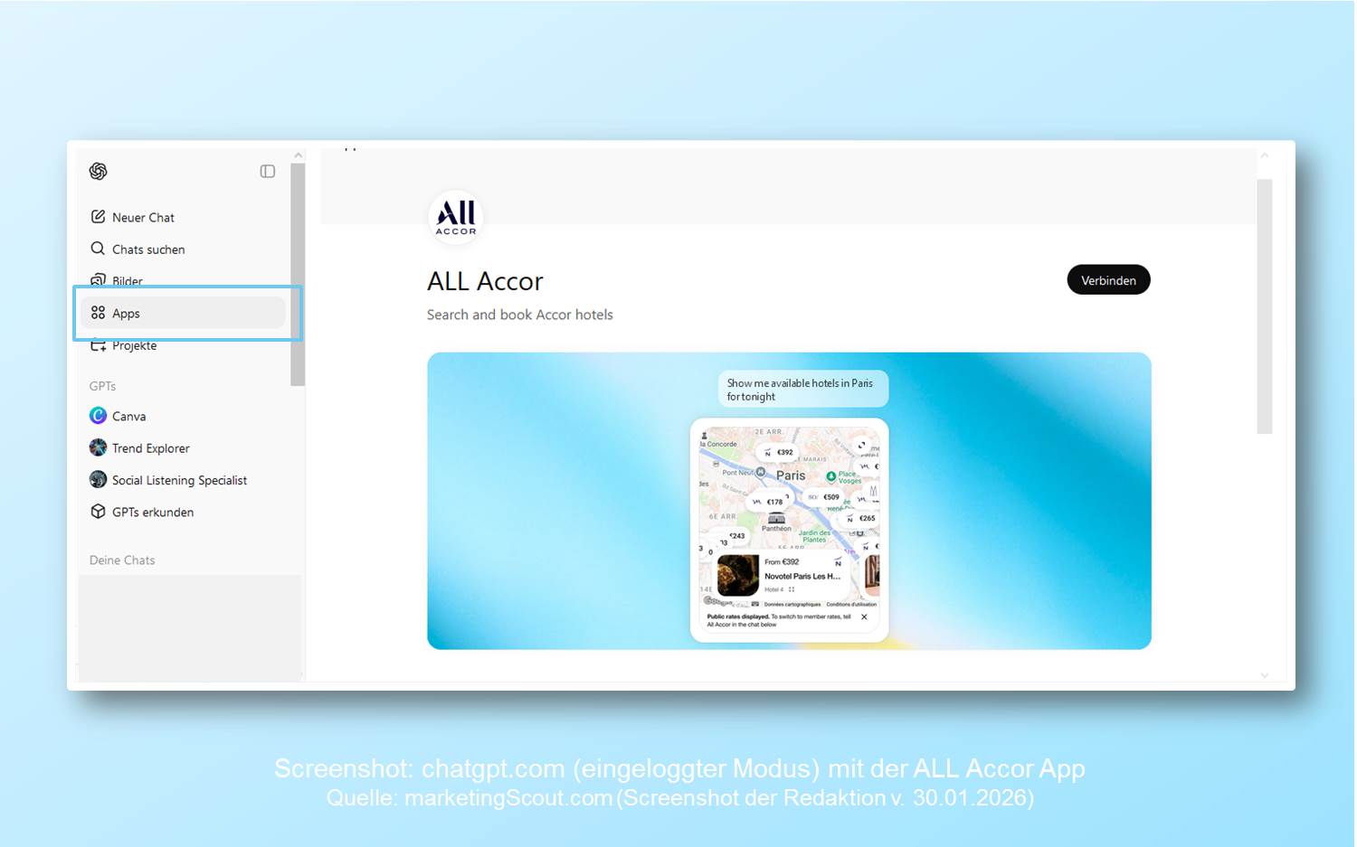 Die neue ALL Accor App in ChatGPT (Screenshot v. 30.01.2026 – marketingScout.com Redaktion)