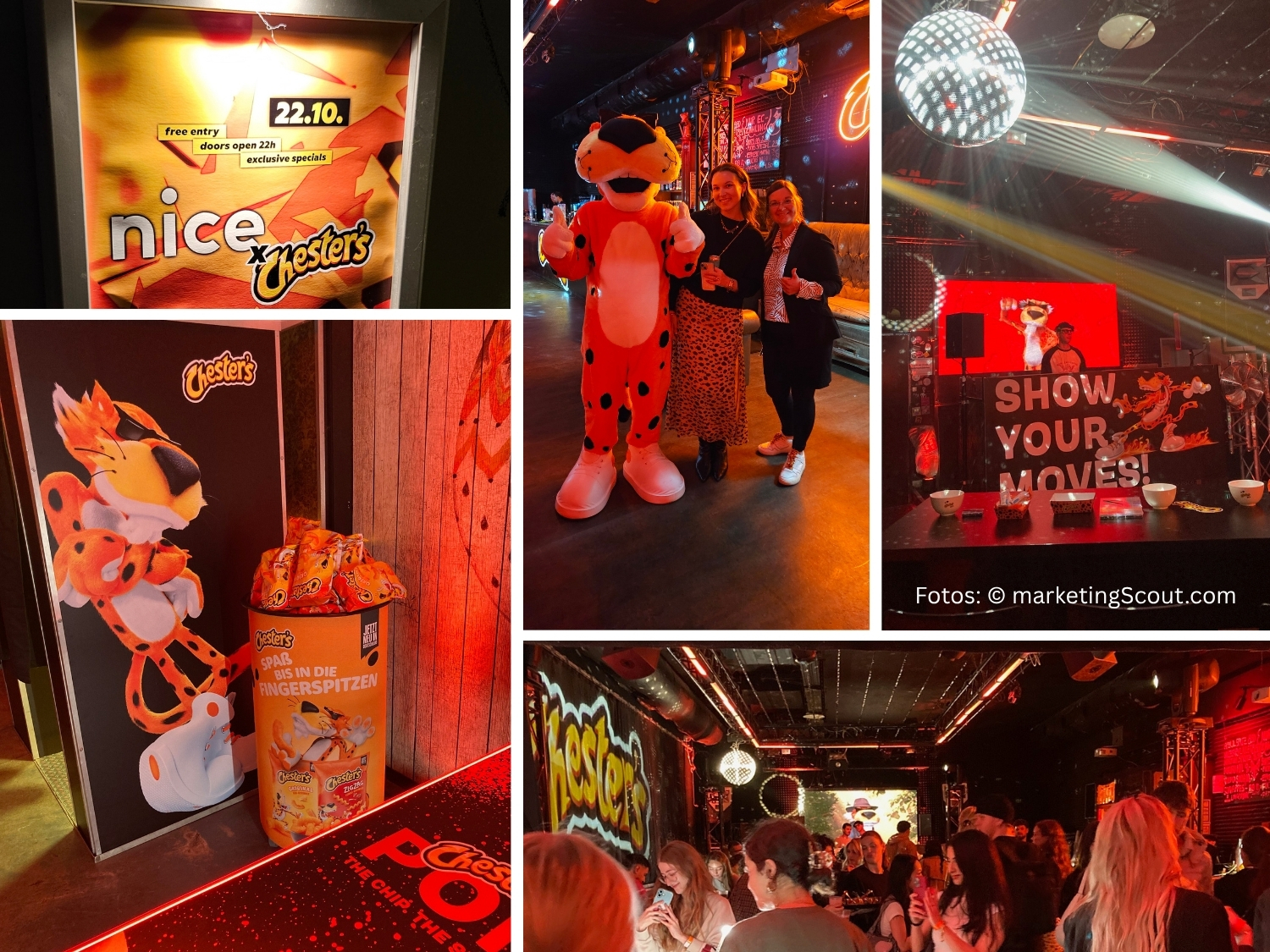 Szenen vom Chester's Launch Event in Köln. Bild Mitte oben (v.l.n.r.): Chester Cheetah mit Maria Schmieder (Assistant Brand Managerin Snacks bei PepsiCo DACH) und Nicole Matthias (Snacks Marketing Lead DACH, Italy und Nordics bei PepsiCo). Fotos/Copyrights: marketingScout.com Redaktion