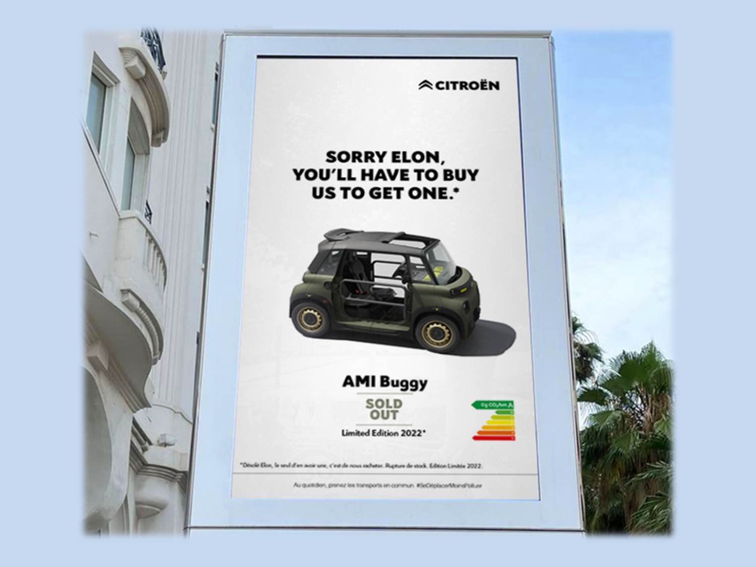 Kampagnen-Motiv der von Buzzman entwickelten DOOH und Print Kampagne 2022 für den limitierten Citroën My Ami Buggy
