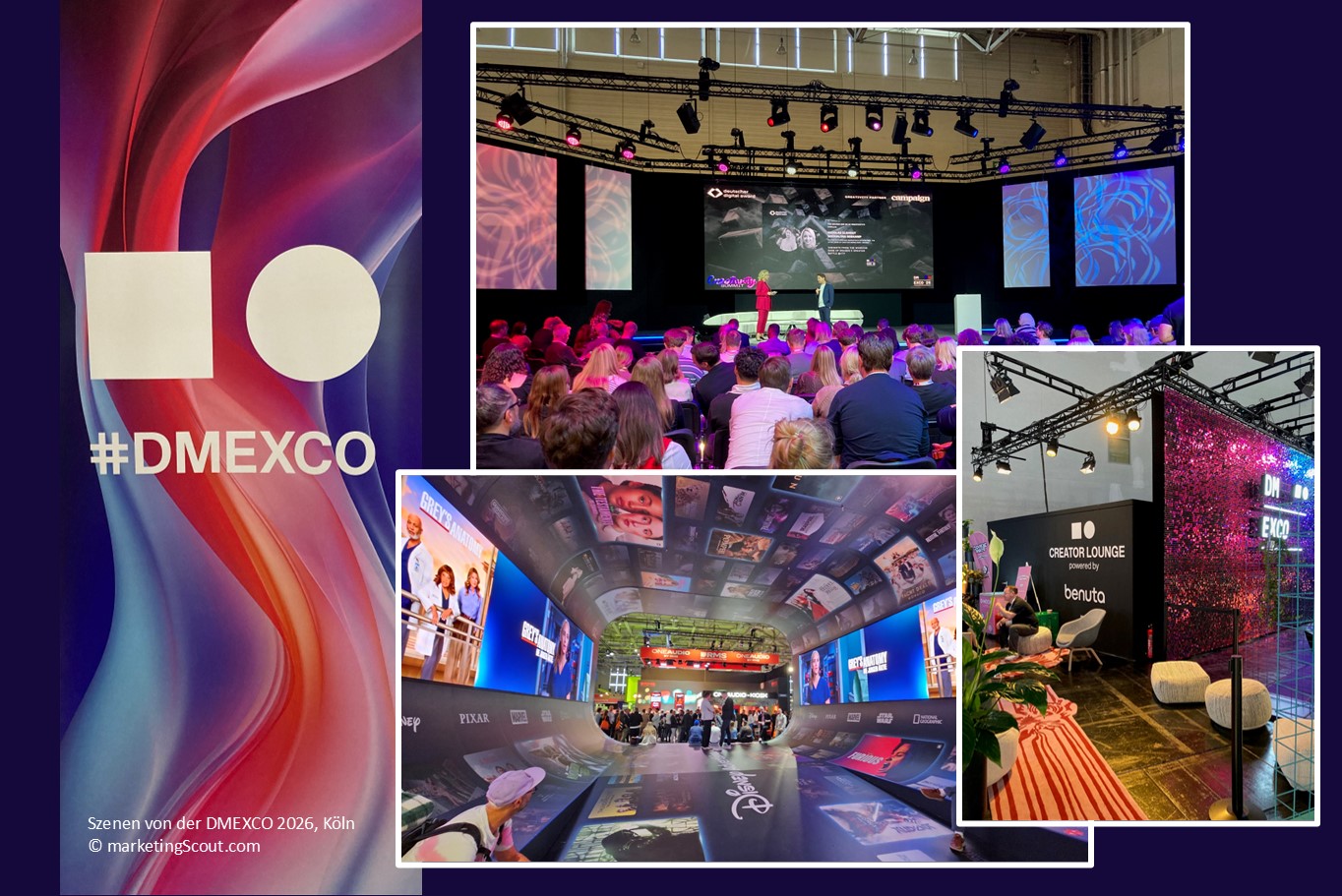 Szenen von der DMEXCO 2026 in Köln. Bild oben: Gut besuchte Bühnen. Bild unten: Hingucker - Der Disney Media Tunnel. Mitte: Eine Creator Lounge im angesagten Retrodesign. (Fotos und Bildcollage: marketingScout.com Redaktion)