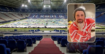 So soll es aussehen: Das größte Bild der Welt. Am 5. Mai entsteht dieses in der VELTINS-Arena auf Schalke (großes Bild). Der Künstler Christian Nienhaus leitet die sportliche Kunst-Aktion (kleines Bild). Bildquelle / Copyrights: TAS Emotional Marketing / Christian Nienhaus