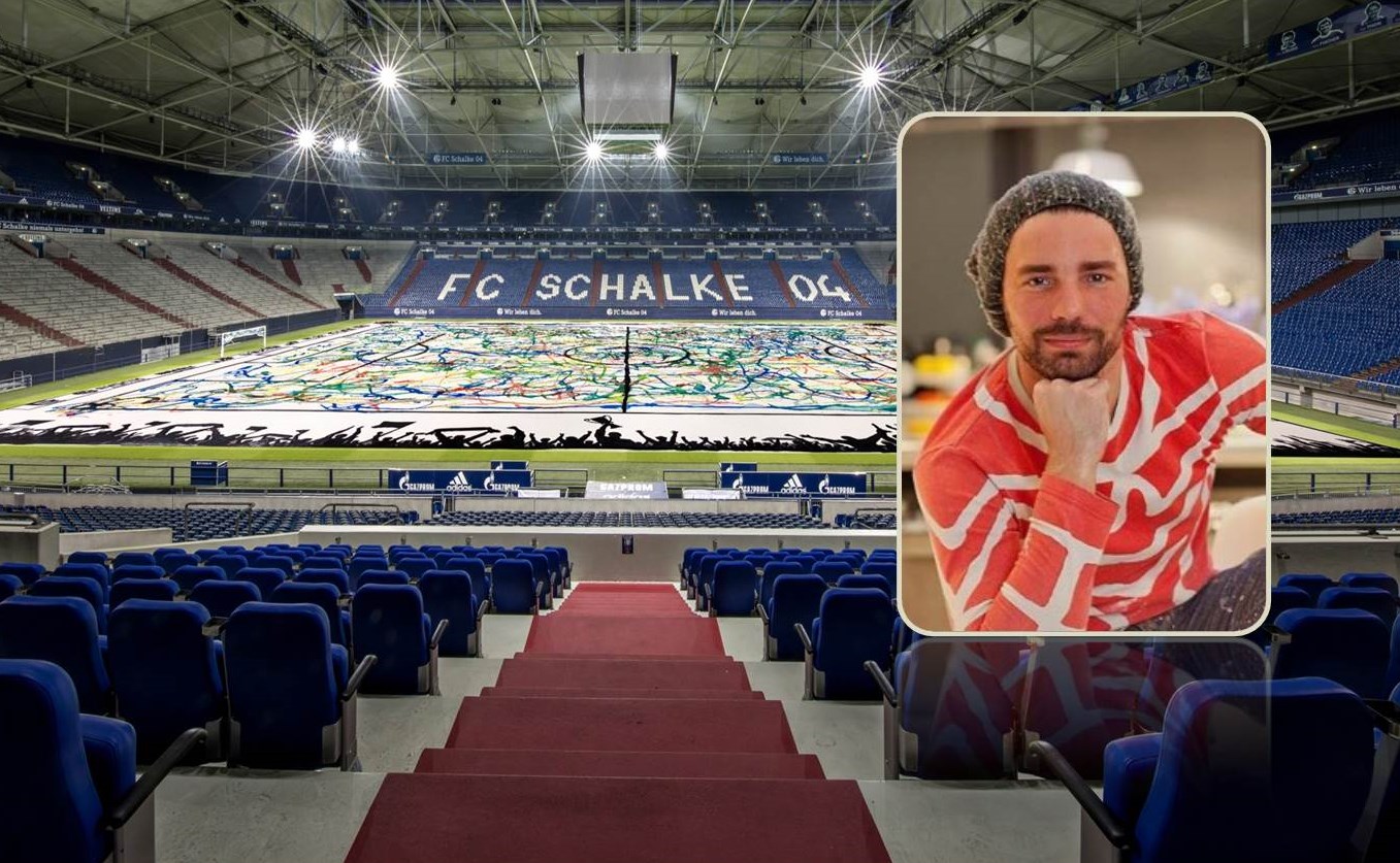 So soll es aussehen: Das größte Bild der Welt. Am 5. Mai entsteht dieses in der VELTINS-Arena auf Schalke (großes Bild). Der Künstler Christian Nienhaus leitet die sportliche Kunst-Aktion (kleines Bild). Bildquelle / Copyrights: TAS Emotional Marketing / Christian Nienhaus
