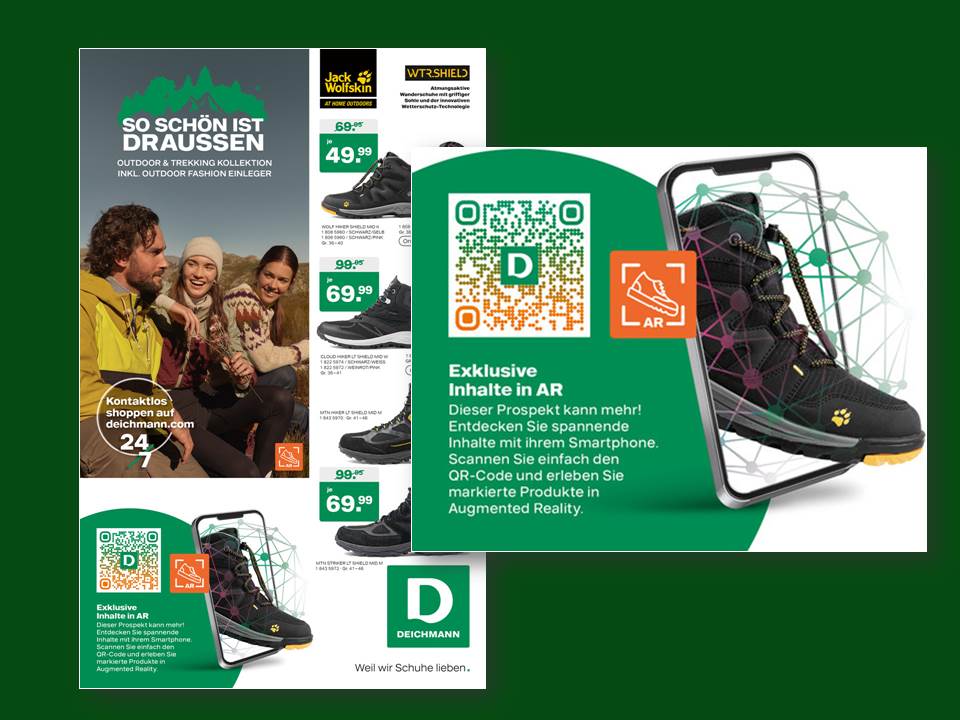 Bild: Mittels webbasierter AR-Technologie schlägt DEICHMANN eine Brücke zwischen klassischer Printkommunikation und Digitalisierung, ohne große technische Hürden für den User.
