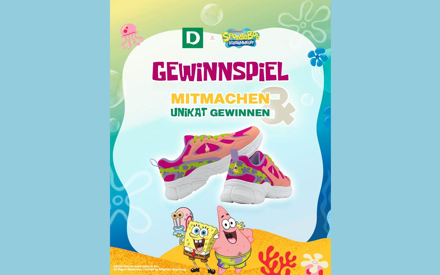 Im Mittelpunkt der neuen DEICHMANN-Kampagne steht ein interaktiver Schuhkonfigurator für Erwachsene, mit dem Fans ihre eigenen SpongeBob-Sneaker gestalten können. (Grafik: DEICHMANN / Paramount)