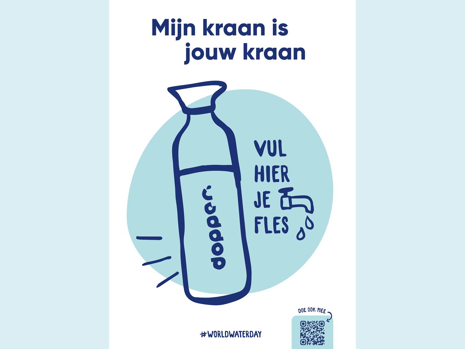 Das Aktionsplakat zum Weltwassertag von Dopper mit dem Titel "Mein Kran ist dein Kran"