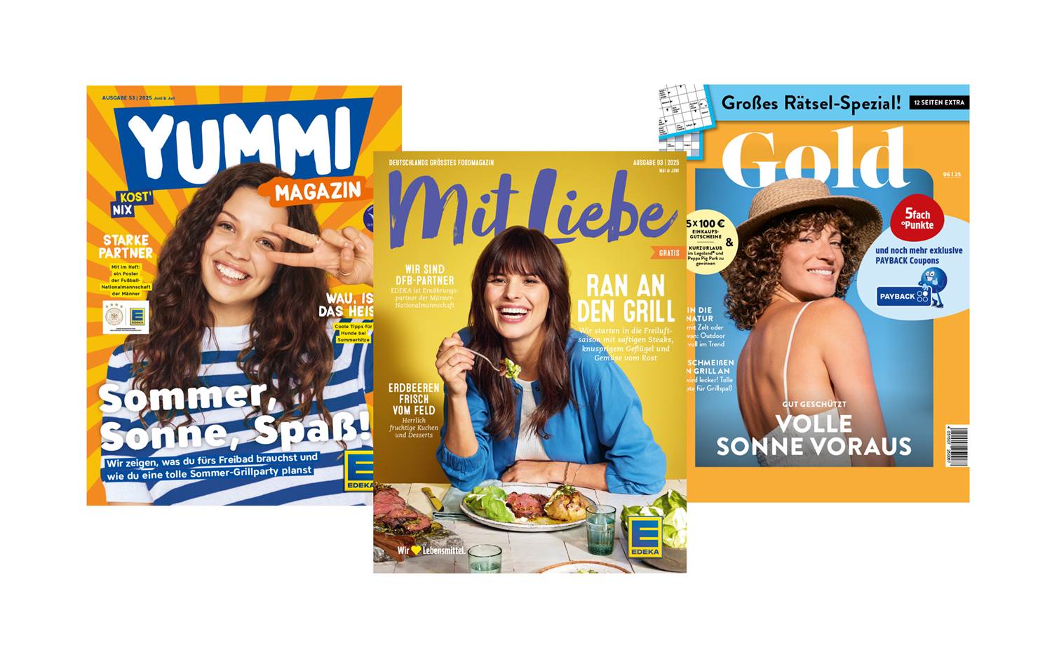 Die Kundenmagazine MIT LIEBE, YUMMI und Gold werden von der EDEKA Media GmbH produziert und vertrieben. (Bildrechte: EDEKA)