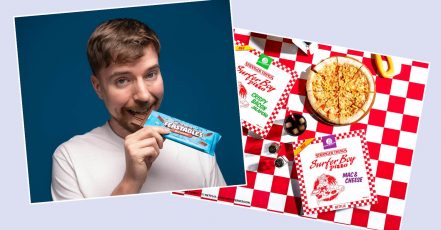 Neuzugänge im EDEKA Sortiment / Collage: marketingScout.com Redaktion | Bild links: MrBeast Feastables Schokolade ist jetzt bei EDEKA erhältlich (Bildrechte: Bryce France), Bild rechts: EDEKA-Verbund führt exklusive Surfer Boy Pizza aus Netflix-Kultserie Stranger Things in die deutschen Märkte ein (Bildrechte: Stranger Things TM / Netflix)