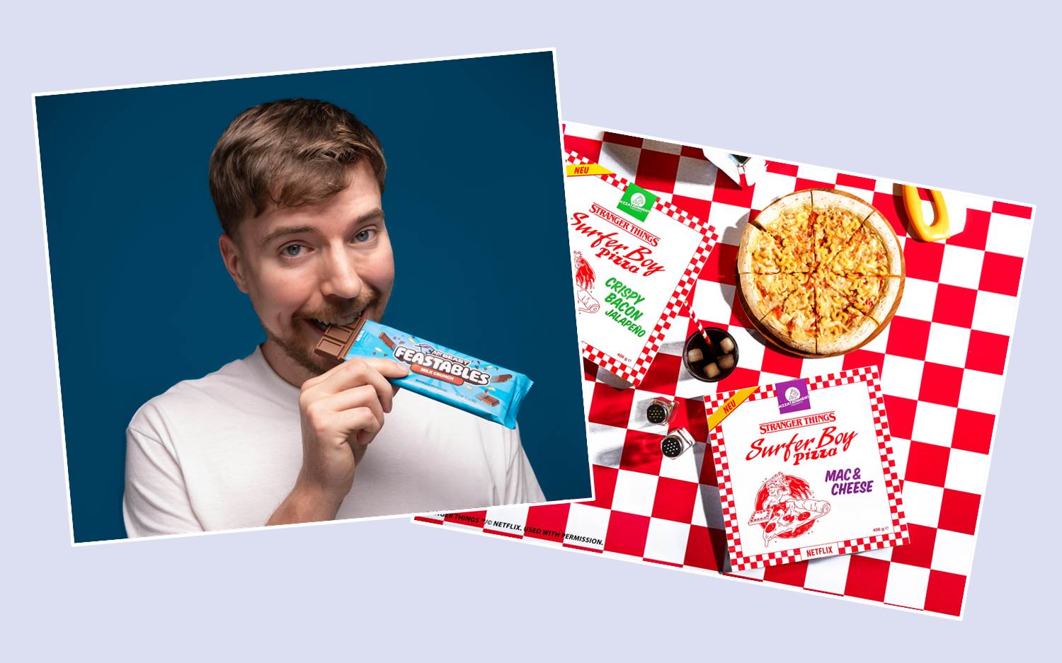 Neuzugänge im EDEKA Sortiment / Collage: marketingScout.com Redaktion | Bild links: MrBeast Feastables Schokolade ist jetzt bei EDEKA erhältlich (Bildrechte: Bryce France), Bild rechts: EDEKA-Verbund führt exklusive Surfer Boy Pizza aus Netflix-Kultserie Stranger Things in die deutschen Märkte ein (Bildrechte: Stranger Things TM / Netflix)