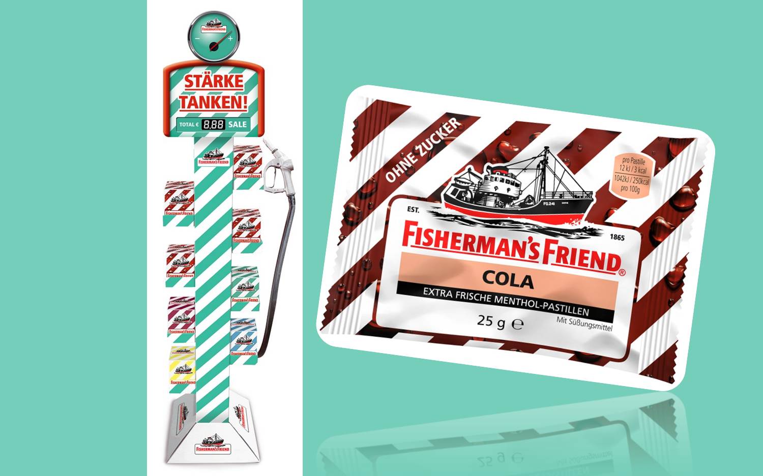 Zapfsäulen Display und Packaging für die limitierte Cola-Edition von Fisherman's Friend (Fotos: CFP Brands Süßwarenhandels GmbH & Co. KG | Bild-Collage: Redaktion marketingScout.com)