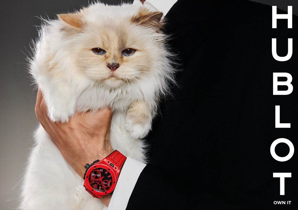 Petfluencer Choupette wirbt für HUBLOT. Kampagnenmotiv der Big Bang Jubiläumskampagne. (Bildquelle / Copyright: Hublot)