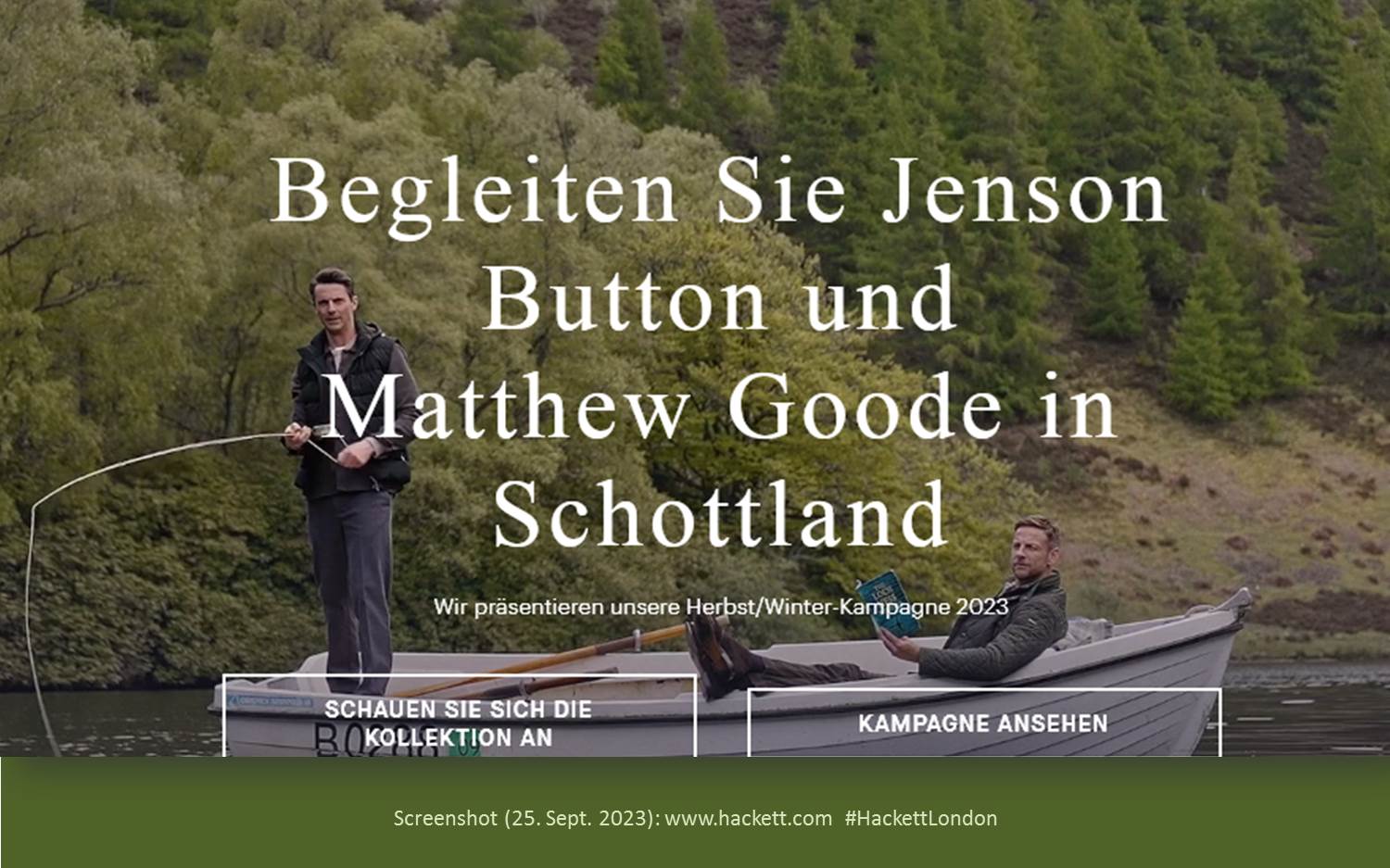 Screenshot v. 25.09.2023 der Kampagnen-Website von Hackett London mit den Markenbotschaftern Jenson Button und Matthew Goode