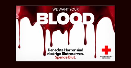 Motiv der Blutspenden-Kampagne von LWND und dem Österreichischen Roten Kreuz rund um Halloween 2026 (Quelle / Copyright: LWND)