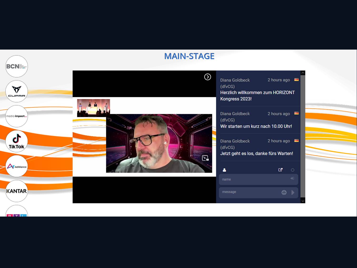 Horizont Kongress 2023 – CMO Talk, Tag 1 – im Vordergrund (großes Bild) Ulrich Klenke, Deutsche Telekom | Screenshot v. 29.06.2023 | Livestream / Pressezugang marketingScout.com Redaktion