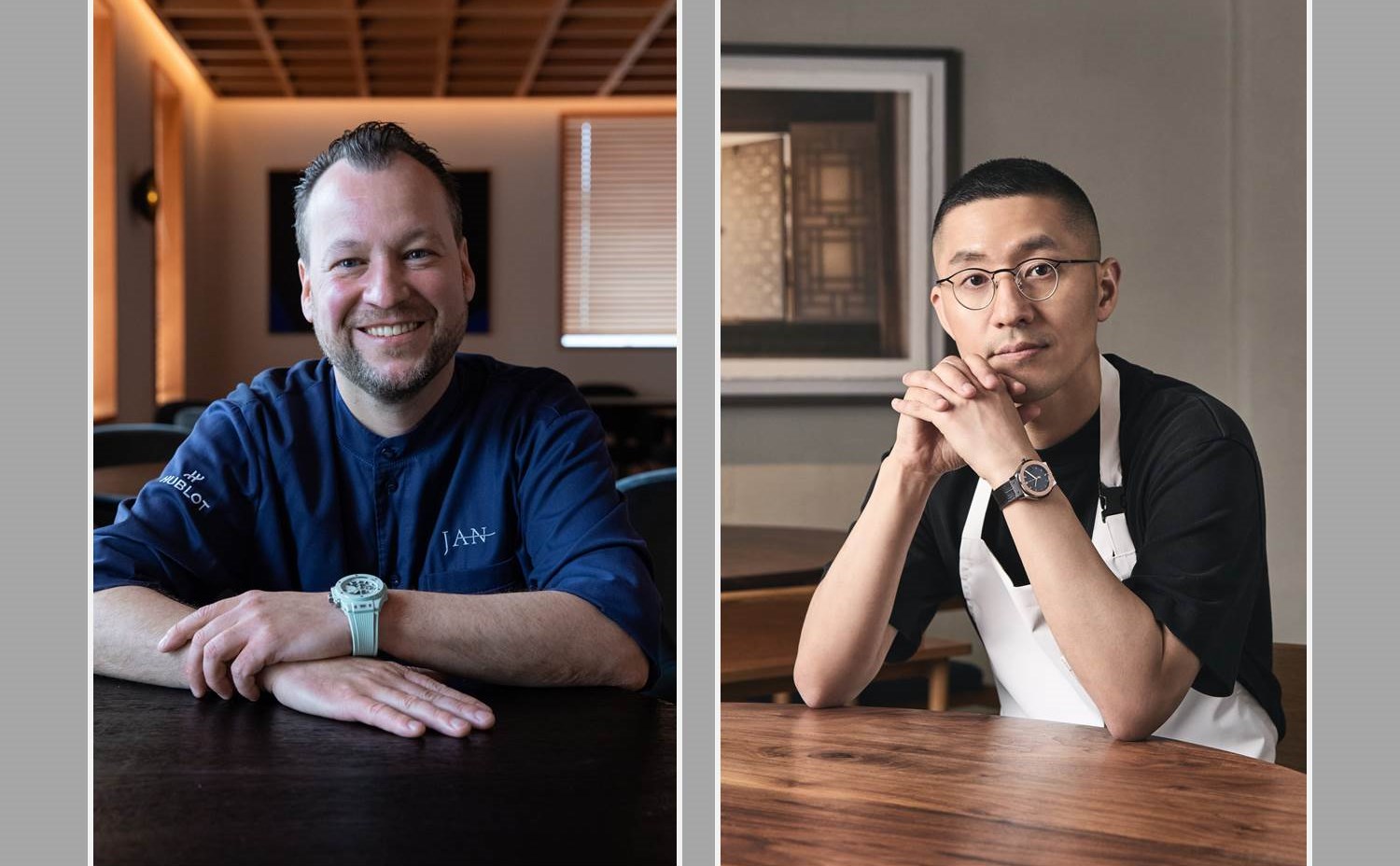 HUBLOT Friends of the Brand – Die Sterneköche Jan Hartwig (links im Bild) und Mingoo Kang (rechts im Bild) gehören mit ihren Restaurants zu den 50 besten Restaurants der Welt. Fotos (Portraits): Hublot; Collage: marketingScout.com Redaktion