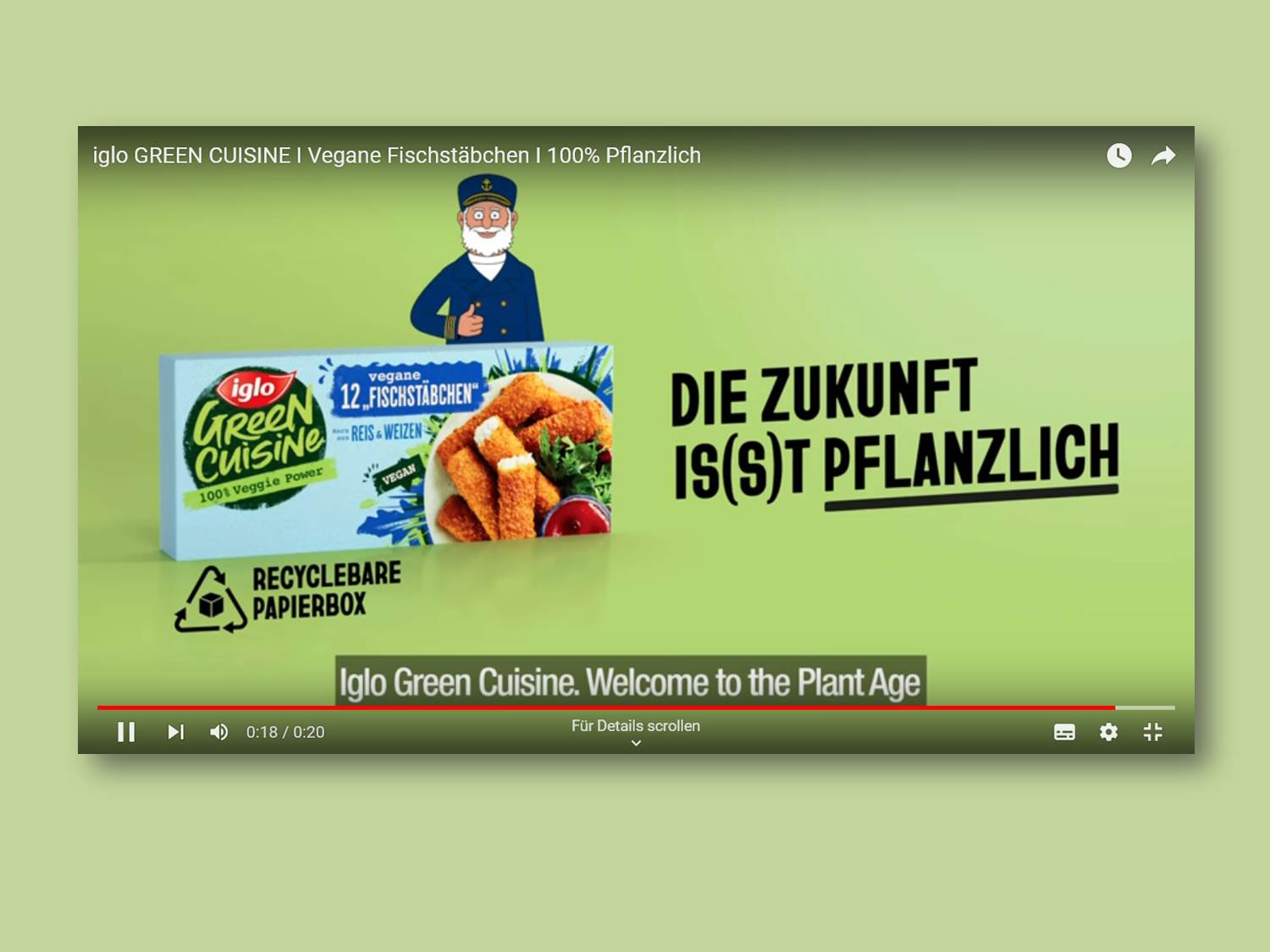 Screenshot aus dem Kampagnen-Spot: iglo GREEN CUISINE - Vegane Fischstäbchen - 100% Pflanzlich