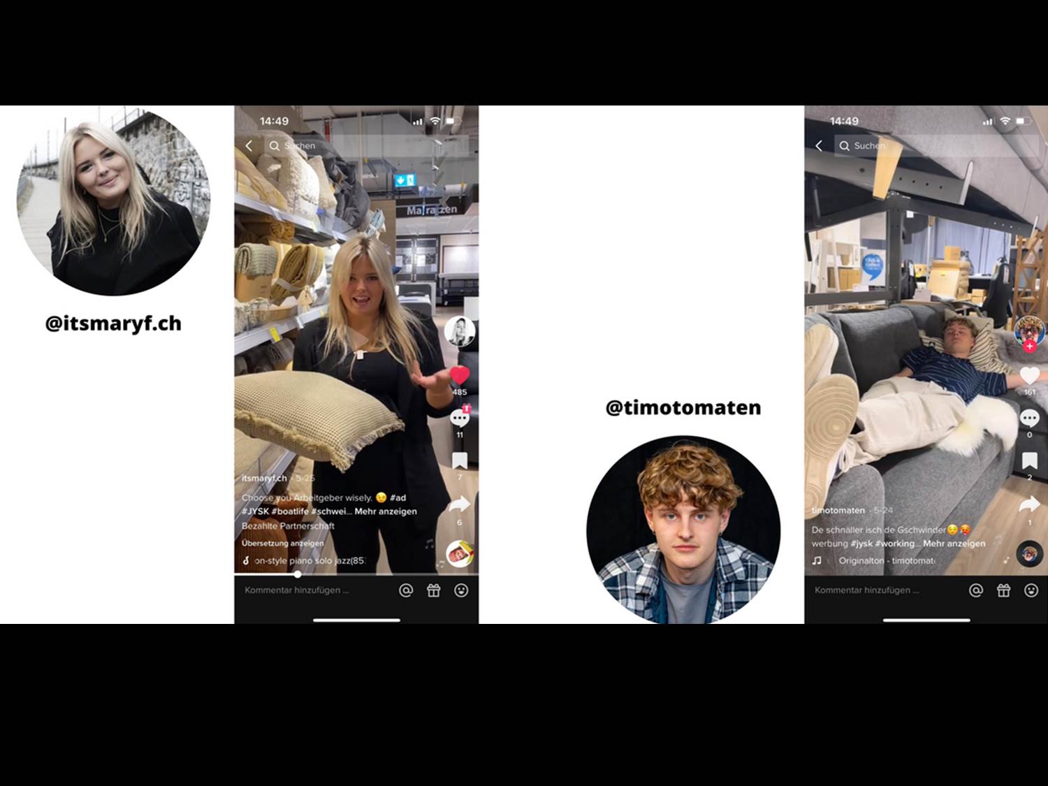 Die zwei TikTok Creators Marina (@itsmaryf.ch) und Timo (@timotomaten) im Einsatz für die Employer Branding Kampagne von JYSK