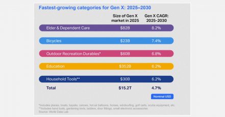 Prognostizierte, weltweit am stärksten wachsende Ausgabenkategorien der Generation X (2025-2030). Quelle: NielsenIQ / World Data Lab