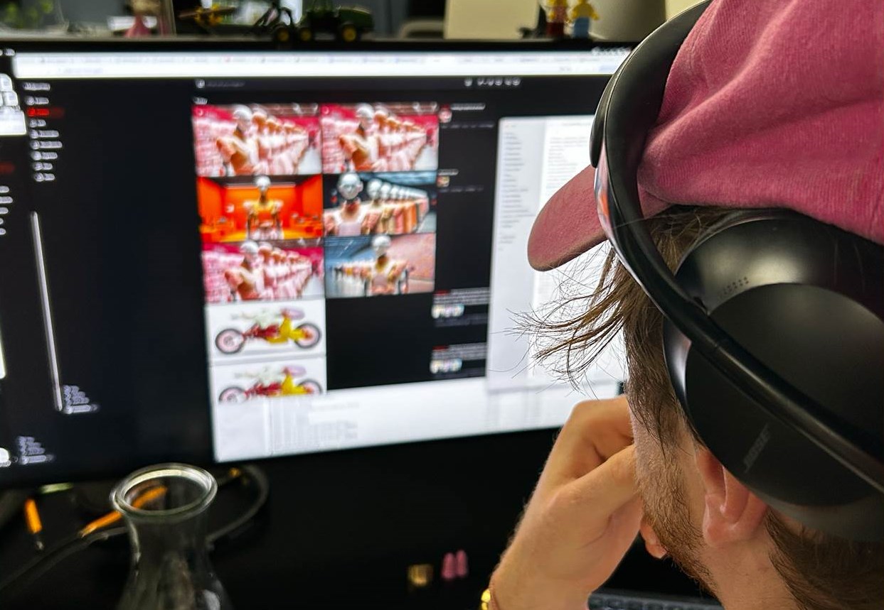 KI im Design. (Eine Person mit rosa Kappe und Kopfhörern sitzt vor einem großen Monitor. Auf dem Bildschirm sind digitale Kunstwerke zu sehen.) Credits: Designworks München