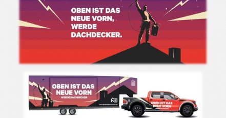 Key Visual und Dachmobil der Nachwuchskampagne "Oben Ist Das Neue Vorn"