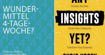 Collage zu den beiden Lesetipps auf marketingScout.com, KW 37, 2023. Bild rechts: Buch-Cover "Any Insights Yet ", Bild links: Buch-Cover "Wundermittel 4-Tage-Woche"