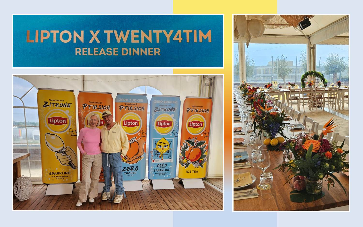 Schnappschüsse vom Lipton x Twenty4tim Release Dinner Event am 12. Juni 2024 in der Event-Location MonBerg, Monheim, Nähe Köln. (Bildrechte / Bildcollage: marketingScout.com Redaktion)