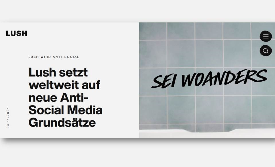 Screenshot v. 24.11.2021: Lush Corporate Website – Lush wird anti-social