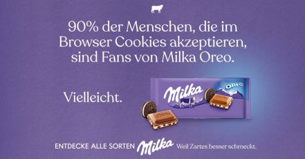 Werbung mit Humor - Die neue Milka-Kampagne zieht u.a. Aufmerksamkeit durch nicht ganz ernst gemeinte "Umfrage-Ergebnisse". Die Botschaft: Egal, was du magst – Hauptsache zart! (Copyrights: Mondelez Europe Services GmbH)