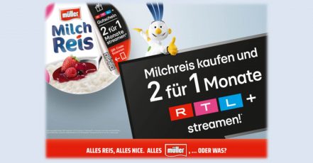 Neue Coop-Promotion am PoS – Molkerei Alois Müller x RTL+ / On-Pack-Promotion (Bildrechte: Molkerei Alois Müller GmbH & Co. KG)