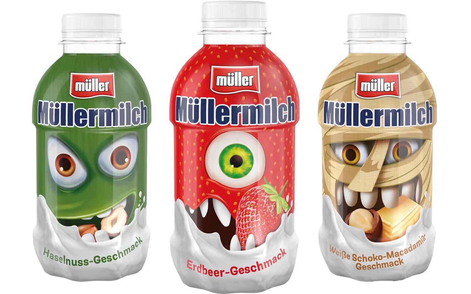 Drei von insgesamt acht Sorten der Müllermilch Halloween Edition 2024 (Copyright: Molkerei Alois Müller GmbH & Co. KG)