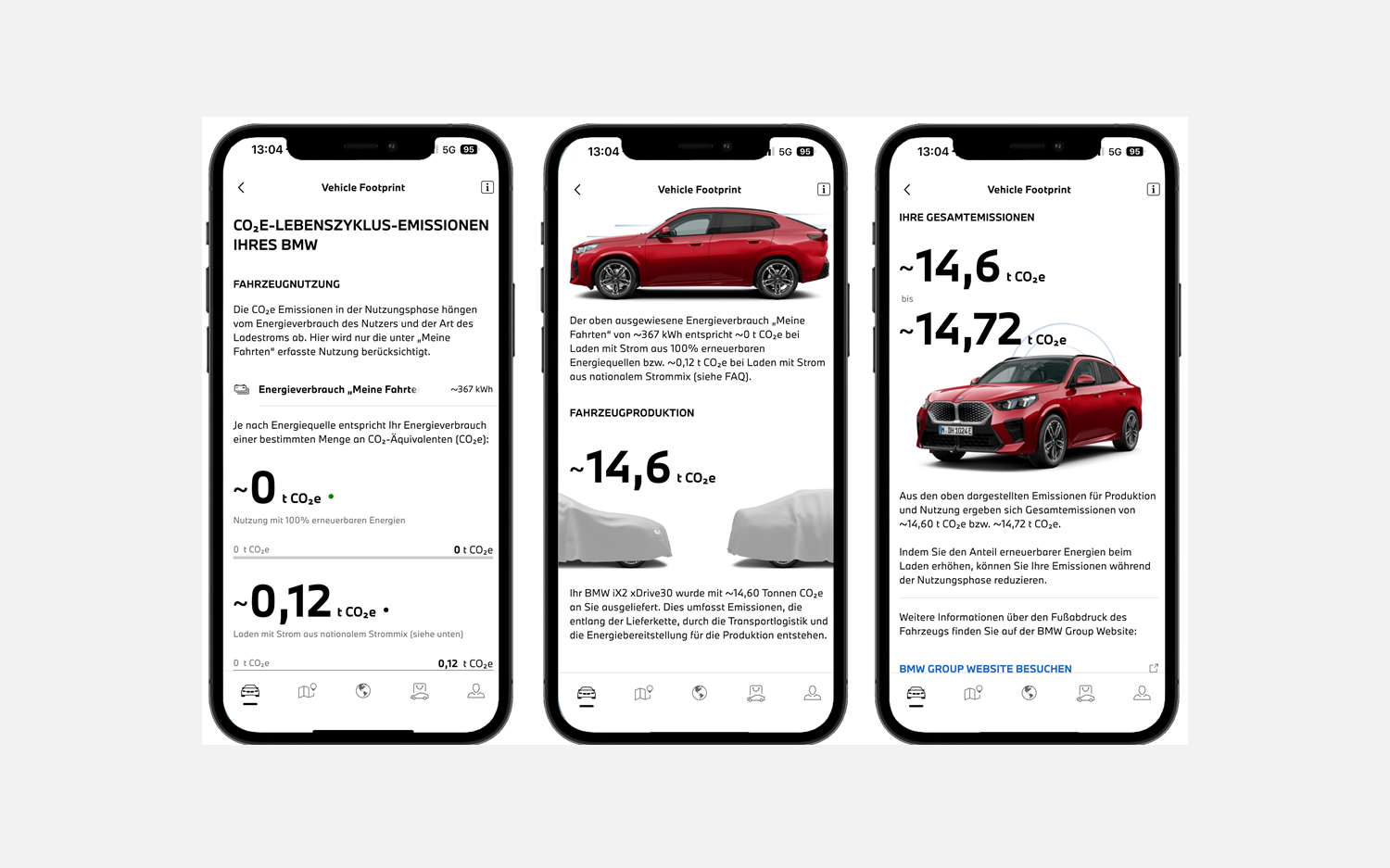 Die erweiterte My BMW App zeigt Fahrerinnen und Fahrern erstmals die CO2-Emissionen über den gesamten Lebenszyklus (Bildrechte: BMW Group)