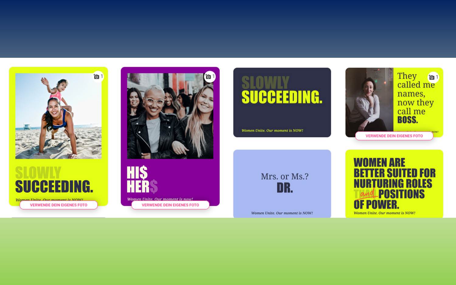 Screenshot v. 8.3.2024 der MyPostcard Website "Women unite" mit den Aktionsmotiven zum Internationalen Frauentag (Weltfrauentag) 2024