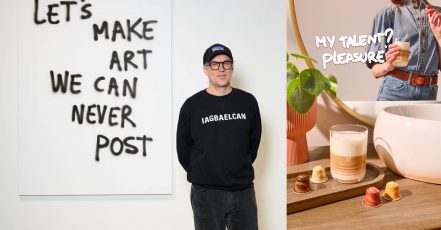 Titelbild: Collage von marketingScout.com Redaktion. Bild links: Der Künstler Thomas Lélu, Bild rechts: Eines der insgesamt vier Motive der neuen Nespresso Kampagne Unforgettable Mornings (Fotos / Bildrechte: Nestlé Nespresso SA x Thomas Lélu)