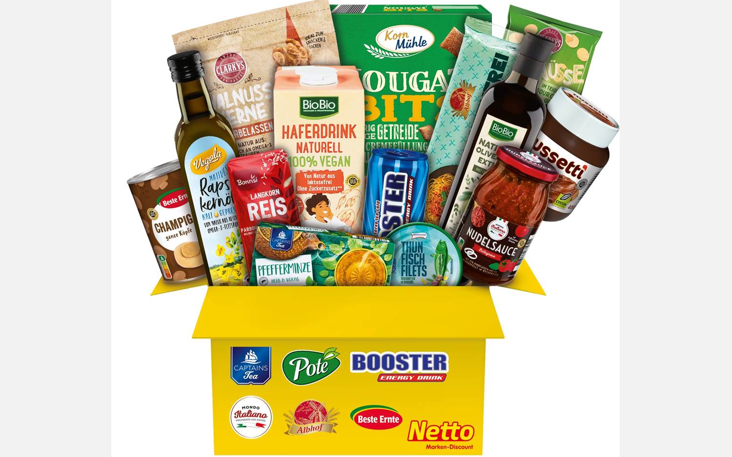 Die neue (zeitlich befristete) Netto-Probierbox mit 20 Produkten aus dem Netto-Eigenmarken-Sortiment (Bildrechte: Netto Marken-Discount)