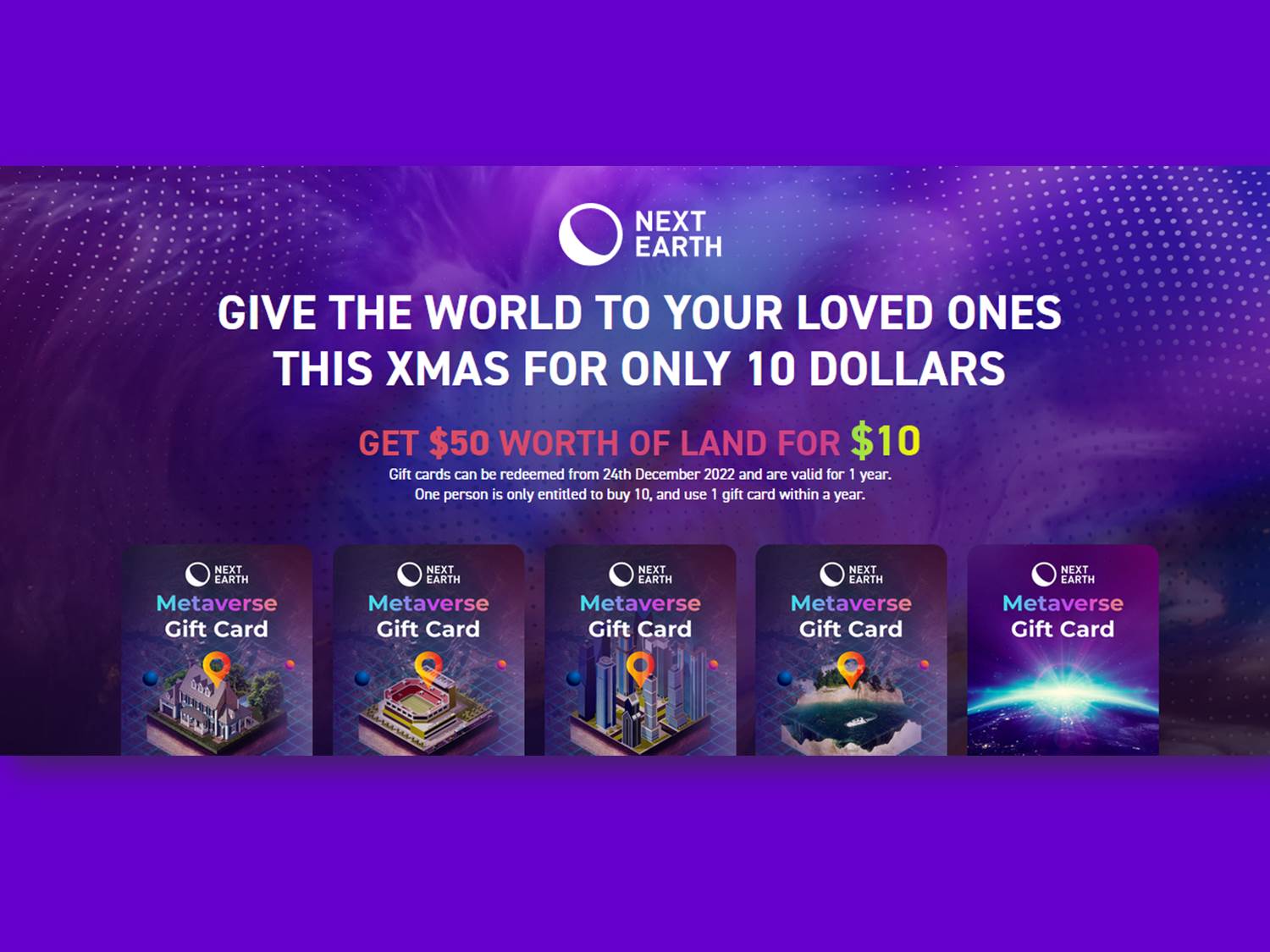 Screenshot (v. 28.11.2022) der Landingpage zur Grundstücks-Geschenkekarte Weihnachtsaktion von NextEarth https://giftcard.nextearth.io/