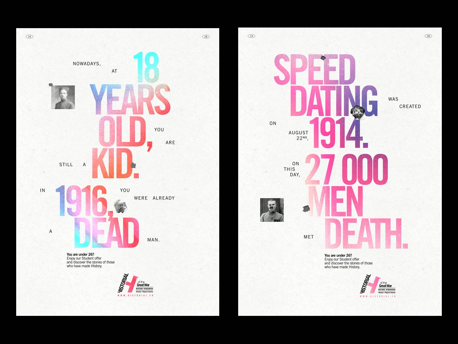 Zwei der insgesamt vier Plakat-Motive der "Nowadays"-Kampagne des Historial de la Grande Guerre, Péronne (Frankreich), in Kooperation mit FRED & FARID Paris