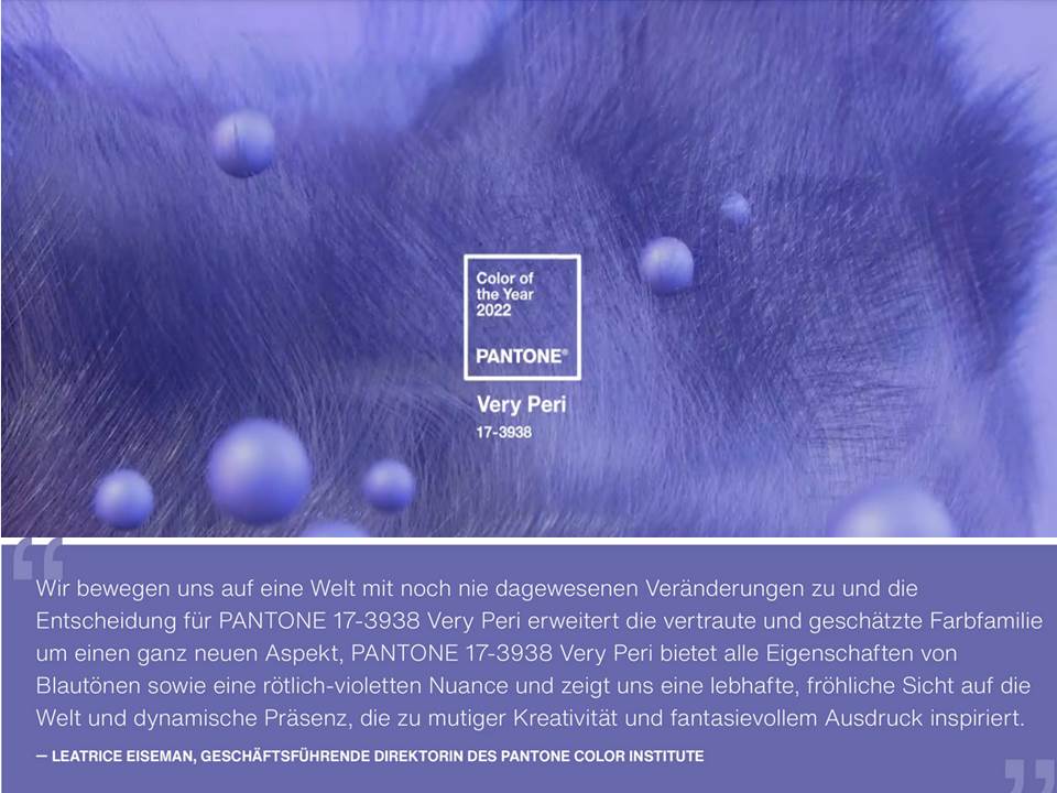 Bild: Screenshot der Pantone Website Color of the Year 2022. PANTONE 17-3938 Very Peri ist die Farbe des neuen Jahres.