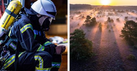 PR-Bild Award 2022 für Deutschland. Collage der beiden Gewinnerbilder - Feuerwehr Köln und Lüneburger Heide GmbH. (Foto Feuerwehr Köln: Daniel Evers, Foto Lüneburger Heide GmbH: Thorsten Link)