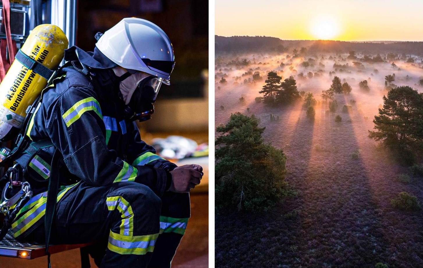 PR-Bild Award 2022 für Deutschland. Collage der beiden Gewinnerbilder - Feuerwehr Köln und Lüneburger Heide GmbH. (Foto Feuerwehr Köln: Daniel Evers, Foto Lüneburger Heide GmbH: Thorsten Link)
