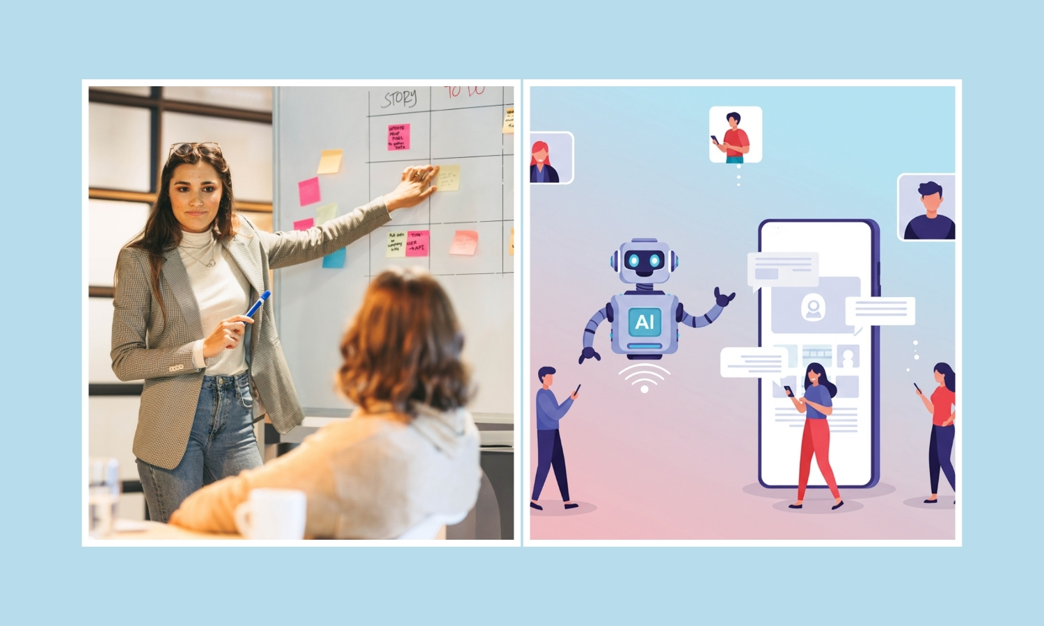 Projektmanagement im Marketing – Wann klassisch, wann mit KI? Anwendungsfelder für KI im Marketing-Projektmanagement (Fotos: Canva Stock / Collage: AdCoach)