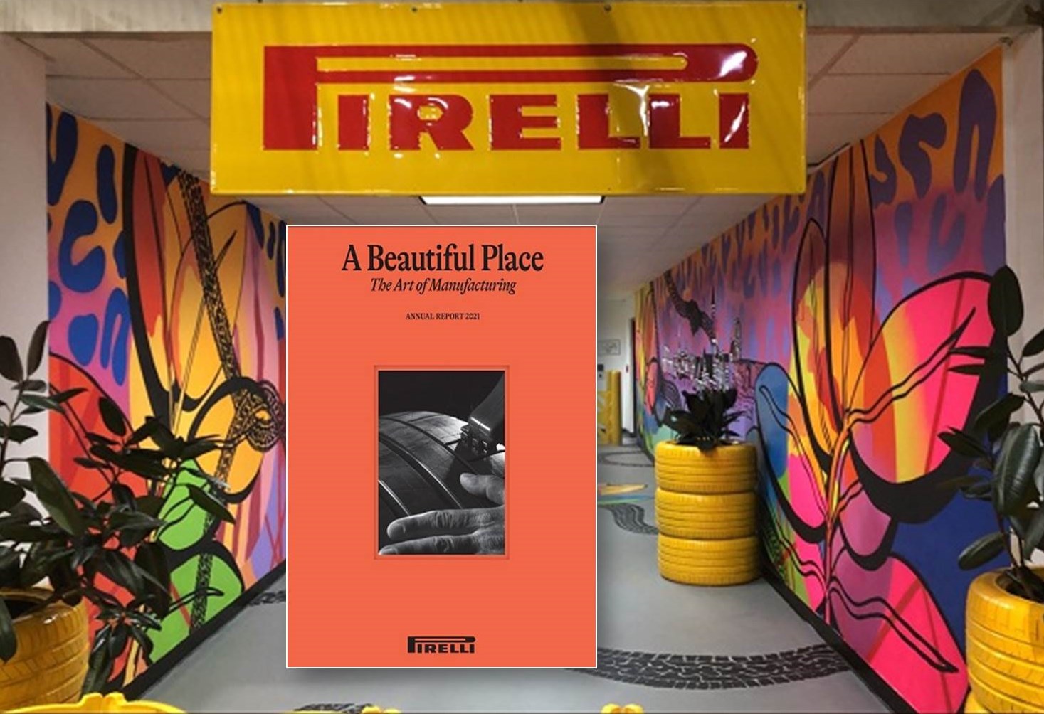 Collage: Wandbild von Lisette Correa (großes Bild) , Titel des Pirelli Geschäftsberichts 2021 (kleines Bild)
