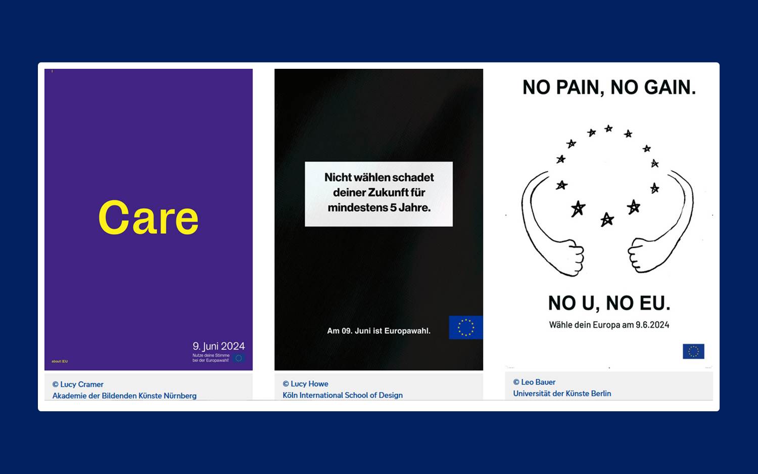 Collage aus drei Plakatmotiven, die es auf die Shortlist des Plakatwettbewerbs zur Europwahl 2024 geschafft haben. (Screenshot vom 17.04.2024 / Bildquelle: plakatwettbewerb-europawahl-2024.eu, Link s.o.)