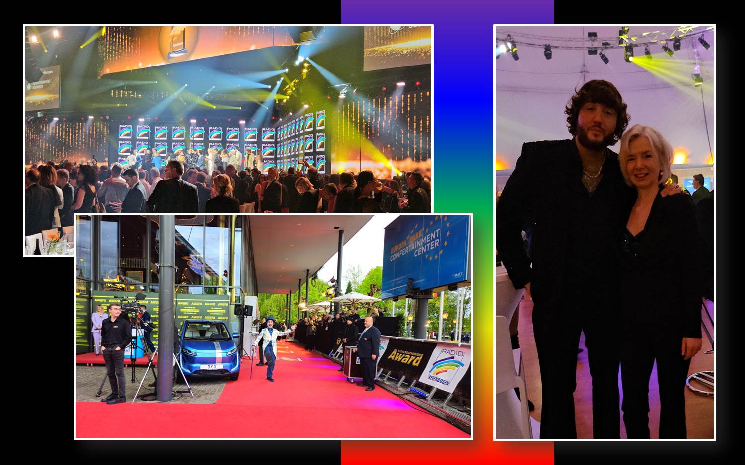 Schnappschüsse von der Radio Regenbogen Award Gala 2024. Foto links oben: Show-Finale (s. Titelbild). Foto links unten: Auf dem roten Teppich / Warten auf die Gäste. Foto rechts: Award Preisträger James Arthur mit Monika Monzel, Redaktion marketingScout.com im Europa-Park Dome bei der Aftershow-Party (Bildrechte: marketingScout.com Redaktion)